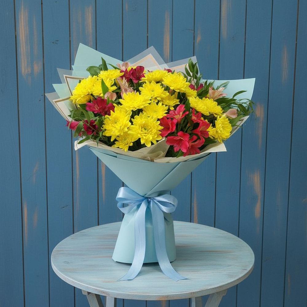 Букет цветов из: Альстромерии и Хризантемы в Перлевке