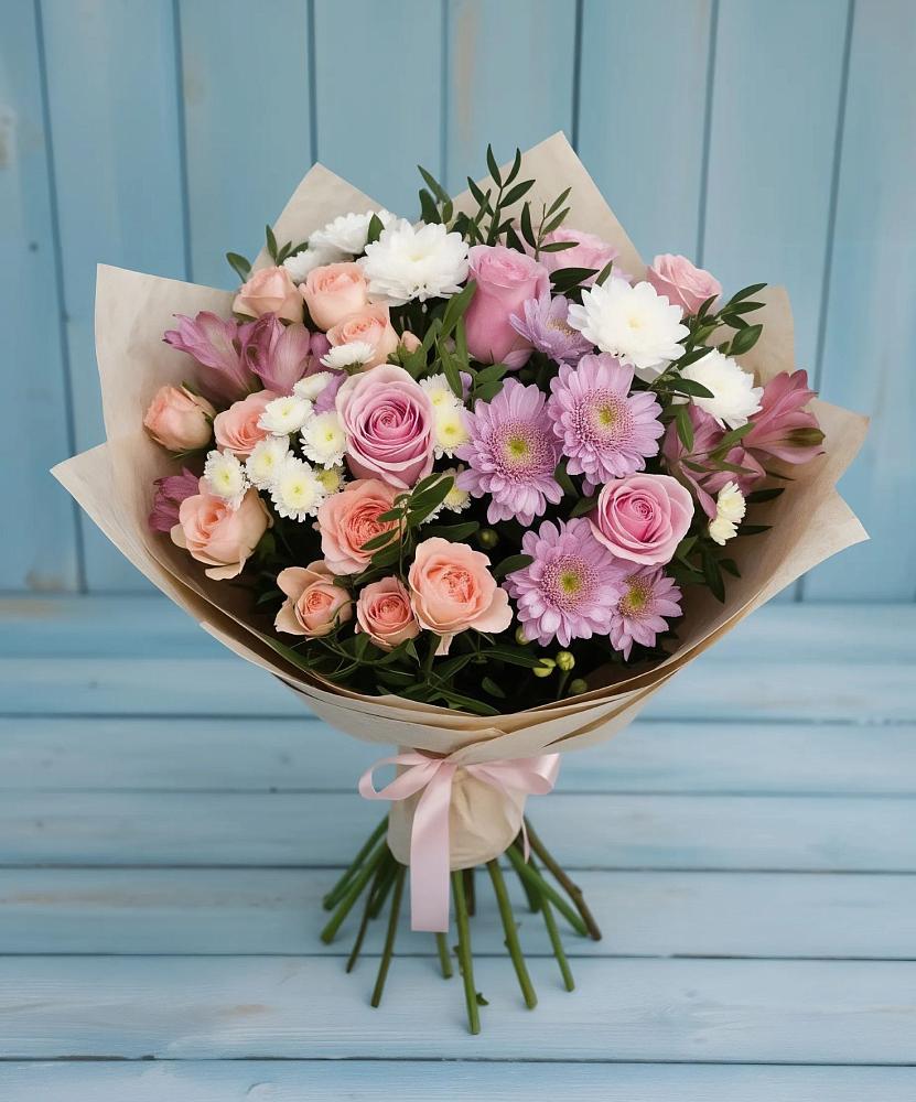 Букет цветов из: Хризантемы, Розы и Альстромерии в Перлевке