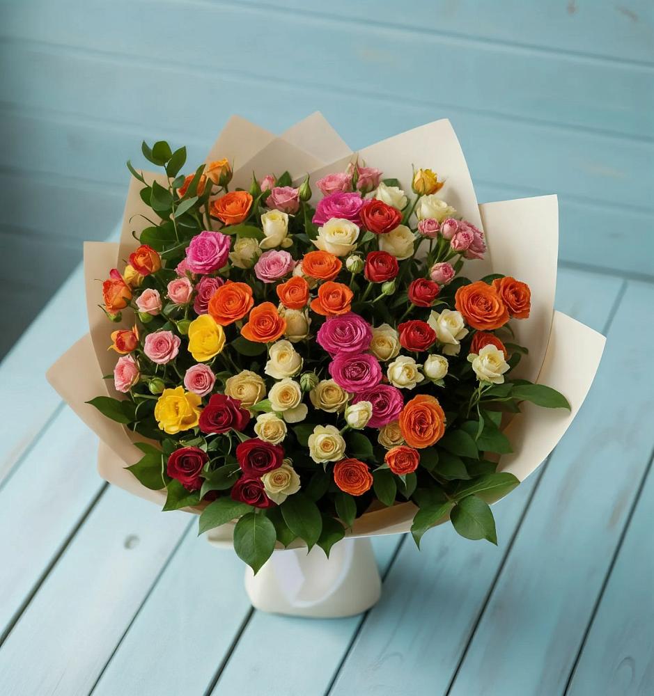 Букет Микс из разноцветных кустовых роз в Перлевке
