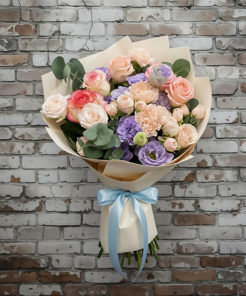 Букет цветов из: Розы, Лизиантусы и Гвоздики в Перлевке