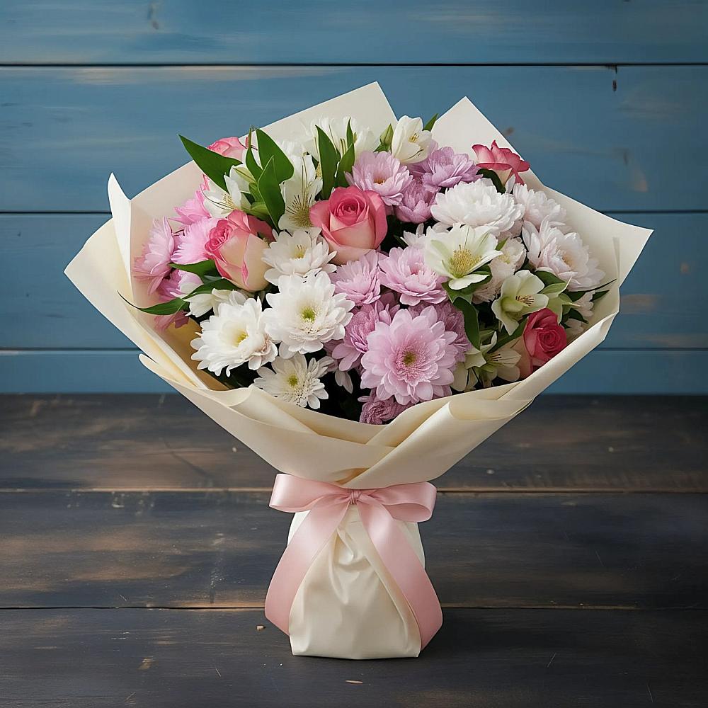 Букет цветов из: Хризантемы, Альстромерии и Розы в Перлевке